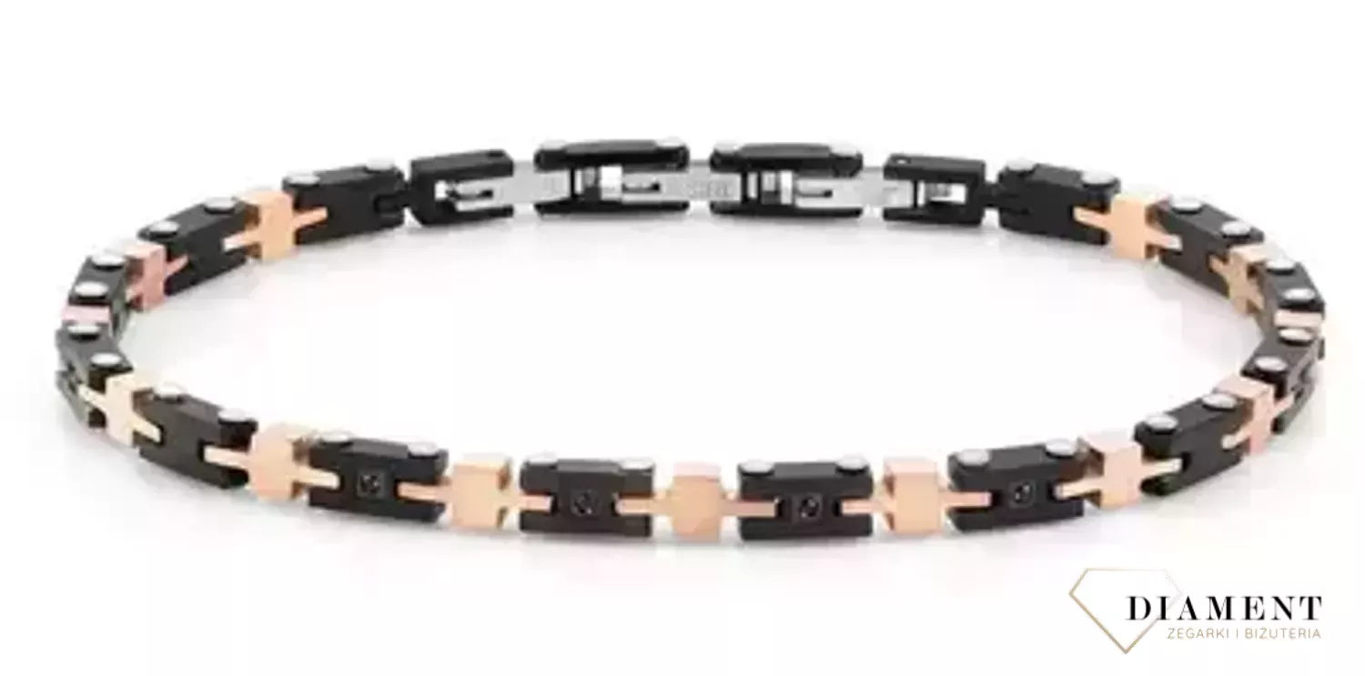 Bransoletka Nomination Italy Strong Diamenty czarnoróżowe złoto 028316 029. Męska bransoletka Nomination Italy wykonana z najwyższej jakości stali szlachetnej z elementami pokrywanymi metodą PVD w kolorze czerni i różowego złota.webp